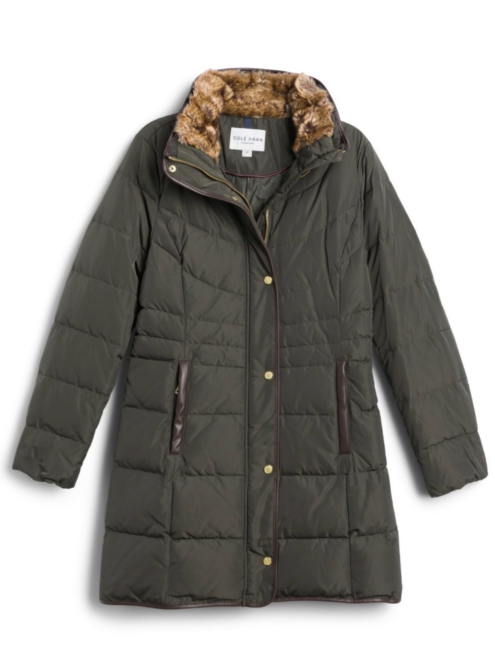 Cole Haan Olive Green Long Puffer Coat with Faux-Fur Trim